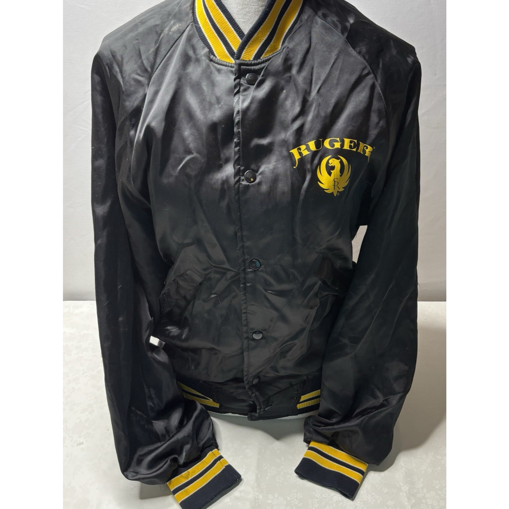 Vintage 80s Ruger Firearms Satin Bomber Jacket Black Yellow Made in USA Size Med